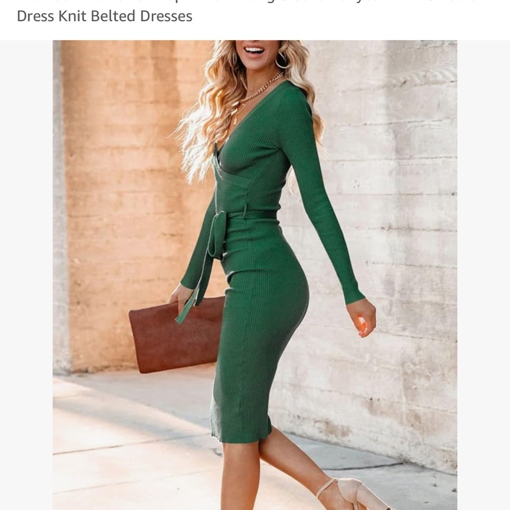 Women’s wrap neck long sleeve body con midi sweater dress knit belted dress S - Picture 3 of 8